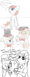 Size: 450x1133 | Tagged: safe, artist:ask-dynamosparks, artist:askwinonadog, character:winona, oc, oc:dynamo sparks, species:dog, species:pegasus, species:pony, ask winona, bow tie, bowler hat, clothing, collaboration, corgi, cup, facial hair, fake moustache, female, hat, mare, mixed media, monocle, moustache, pet oc, teacup, top hat, traditional art