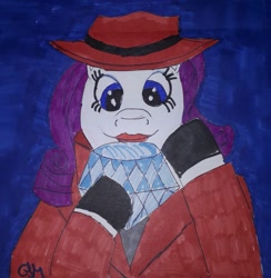 Size: 1179x1209 | Tagged: safe, artist:rapidsnap, character:rarity, carmen sandiego, clothing, crossover, diamond, female, hat, solo, traditional art