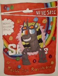 Size: 1155x1511 | Tagged: safe, artist:rapidsnap, oc, oc only, oc:nekky, species:changeling, candy, changeling oc, food, grin, heterochromia, skittles, smiling, solo, traditional art