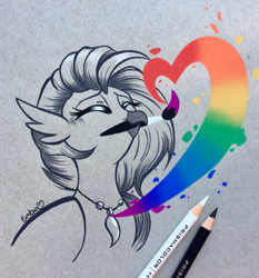 Size: 2831x3038 | Tagged: safe, artist:emberslament, character:silverstream, species:hippogriff, g4, beak, beak hold, blushing, colored pencil drawing, colored pencils, cute, diastreamies, eyes closed, female, happy, heart, jewelry, mouth hold, necklace, paintbrush, painting, photo, solo, traditional art