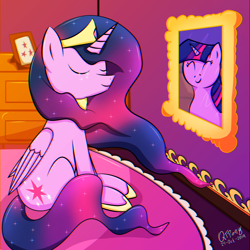 Size: 2048x2048 | Tagged: safe, artist:quicktimepony, character:twilight sparkle, character:twilight sparkle (alicorn), species:alicorn, species:pony, species:unicorn, episode:the last problem, g4, my little pony: friendship is magic, carpet, crown, crying, eyes closed, female, happy, horn, jewelry, mirror, mlp fim's ninth anniversary, older, older twilight, princess twilight 2.0, regalia, signature, solo, wings