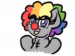 Size: 2048x1535 | Tagged: safe, artist:ashtoneer, oc, oc only, species:earth pony, species:pony, afro, clown, earth pony oc, multicolored hair, rainbow hair, red nose, simple background, smiling, solo, white background