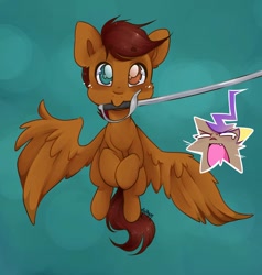 Size: 872x916 | Tagged: safe, artist:midnightpremiere, oc, oc:hors, oc:sparrow, species:pegasus, species:pony, flying, gradient background, heterochromia, mouth hold, sword, weapon