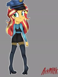 Size: 1536x2048 | Tagged: safe, artist:artmlpk, character:sunset shimmer, my little pony:equestria girls, badge, boots, clothing, costume, cute, female, fishnets, halloween, halloween costume, hat, looking back, police officer, police uniform, shimmerbetes, shoes, simple background, socks, solo, thigh highs