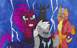 Size: 1823x1136 | Tagged: safe, artist:rapidsnap, character:capper dapperpaws, character:grubber, character:storm king, character:tempest shadow, my little pony: the movie (2017), lightning, traditional art