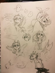 Size: 960x1280 | Tagged: safe, artist:amphoera, oc, oc:shadow tag, species:bat pony, species:pegasus, species:pony, species:unicorn, beanbrows, butt wings, chest fluff, dialogue, eyebrows, fangs, horn, sketch, sketch dump, speech bubble, spread wings, traditional art, wings
