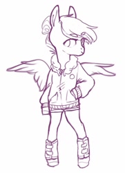 Size: 927x1280 | Tagged: safe, artist:amphoera, oc, oc:venti via, species:pegasus, species:pony, beanbrows, clothing, eyebrows, female, jacket, semi-anthro, solo, spread wings, wings
