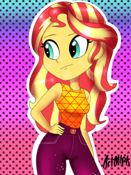 Size: 1536x2048 | Tagged: safe, artist:artmlpk, character:sunset shimmer, episode:let it rain, g4, my little pony: equestria girls, my little pony:equestria girls, spoiler:eqg series (season 2), cute, fanart, female, geode of empathy, hands on hip, looking back, magical geodes, shimmerbetes, solo