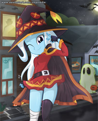 Size: 676x831 | Tagged: safe, artist:charliexe, character:trixie, g4, my little pony:equestria girls, anime, clothing, cosplay, costume, crossover, cute, diatrixes, dress, female, fingerless gloves, full moon, gloves, halloween, holiday, konosuba, legs, looking at you, megumin, miniskirt, moon, night, one eye closed, schrödinger's pantsu, sexy, skirt, solo, stupid sexy trixie, thighs, wink