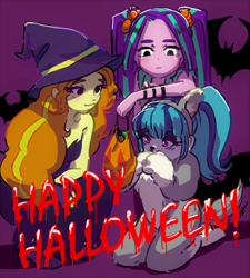 Size: 1800x2000 | Tagged: safe, artist:amazingpuffhair, character:adagio dazzle, character:aria blaze, character:sonata dusk, species:human, my little pony:equestria girls, adoragio, animal costume, ariabetes, bunny costume, clothing, costume, cute, halloween, happy halloween, holiday, sonatabetes, text, the dazzlings, witch