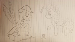 Size: 4032x2268 | Tagged: safe, artist:rainbow dash is best pony, character:pinkie pie, character:rainbow dash, species:earth pony, species:pegasus, species:pony, fanfic:rocket to insanity, bags under eyes, cupcake, fanfic art, food, lined paper, pencil drawing, platter, spread wings, traditional art, tray, wings
