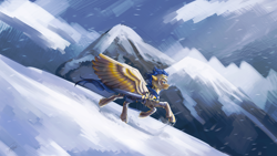 Size: 3840x2160 | Tagged: safe, artist:orfartina, oc, oc only, oc:crushingvictory, species:pegasus, species:pony, armor, craft, ear fluff, engraving, fluffy, mountain, mountain range, scenery, snow, solo, spread wings, sword, unshorn fetlocks, weapon, windswept mane, windswept tail, wings
