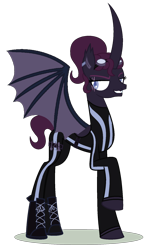 Size: 1161x1876 | Tagged: safe, artist:elementbases, artist:rukemon, base used, oc, oc only, oc:nightfall (ice1517), species:alicorn, species:bat pony, species:pony, alicorn oc, bat pony alicorn, bat pony oc, belt, bodysuit, boots, clothing, commission, curved horn, ear piercing, earring, eye scar, female, gloves, goggles, horn, jewelry, mare, piercing, raised hoof, scar, shoes, solo, utility belt