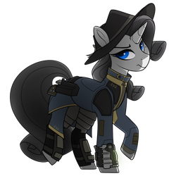 Size: 1050x1050 | Tagged: safe, artist:crimmharmony, species:pony, species:unicorn, fallout equestria, armored legs, beauty mark, blank, blank of rarity, blue eyes, boots, clothing, commissioner:genki, fallout equestria: kingpin, fedora, female, gun, handgun, hat, justice mare, lawbringer, mare, not rarity, pipboy, pipbuck, raised hoof, raised leg, revolver, shoes, simple background, solo, stable 232, transparent background, vault suit
