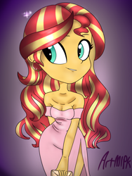Size: 1536x2048 | Tagged: safe, artist:artmlpk, character:sunset shimmer, my little pony:equestria girls, bare shoulders, clothing, cute, design, dress, fashion, female, party dress, purse, shimmerbetes, solo