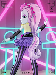 Size: 618x822 | Tagged: safe, artist:charliexe, equestria girls:rainbow rocks, g4, my little pony: equestria girls, my little pony:equestria girls, bedroom eyes, camcorder, clothing, female, leggings, legs, looking at you, looking back, looking back at you, looking over shoulder, miniskirt, recording, skirt, smiling, smirk, solo, violet blurr