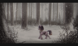 Size: 2829x1700 | Tagged: safe, artist:ventious, oc, oc only, oc:tiny stitch, species:pegasus, species:pony, cold, collar, cutie mark, dark, detailed background, female, forest, mare, multicolored hair, sad, scenery, snow, snowfall, solo, wallpaper, winter