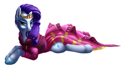 Size: 1600x914 | Tagged: safe, artist:kittehkatbar, character:rarity, species:pony, species:unicorn, bedroom eyes, clothing, dress, female, gala dress, mare, prone, simple background, smiling, solo, transparent background