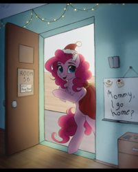 Size: 1310x1630 | Tagged: safe, artist:vird-gi, character:pinkie pie, species:earth pony, species:pony, chest fluff, christmas, clothing, commission, ear fluff, female, gift bag, hat, holiday, looking at you, mare, open mouth, santa hat, smiling, solo, standing