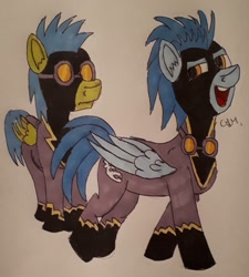 Size: 1198x1334 | Tagged: safe, artist:rapidsnap, character:nightshade, oc, oc:rapidsnap, species:pony, aviator goggles, clothing, costume, goggles, shadowbolts, shadowbolts costume