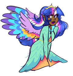 Size: 1280x1336 | Tagged: safe, artist:cubbybatdoodles, character:twilight sparkle, character:twilight sparkle (alicorn), species:alicorn, species:human, species:pony, episode:the last problem, g4, my little pony: friendship is magic, alicorn humanization, breasts, colored wings, colored wingtips, dark skin, delicious flat chest, female, horn, horned humanization, humanized, multicolored wings, older, older twilight, princess twilight 2.0, simple background, solo, transparent background, unicorns as elves, winged humanization, wings
