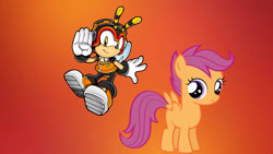 Size: 2560x1440 | Tagged: safe, artist:brandonale, character:scootaloo, species:pegasus, species:pony, charmy bee, crossover, sonic the hedgehog (series)