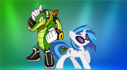 Size: 4000x2226 | Tagged: safe, artist:brandonale, character:dj pon-3, character:vinyl scratch, crossover, sonic the hedgehog (series), vector the crocodile