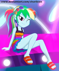 Size: 594x720 | Tagged: safe, alternate version, artist:charliexe, character:rainbow dash, equestria girls:spring breakdown, g4, my little pony: equestria girls, my little pony:equestria girls, spoiler:eqg series (season 2), adorasexy, alternate hairstyle, ass, butt, clothing, cute, dashabetes, feet, female, headband, legs, looking at you, one eye closed, partial nudity, ponytail, rainbutt dash, sandals, schrödinger's pantsu, sexy, sitting, sleeveless, solo, thighs, wink
