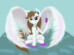 Size: 1600x1200 | Tagged: safe, artist:auroraswirls, oc, oc only, oc:sky feather, species:pegasus, species:pony, earbuds, female, hoof hold, ipod, mare, music player, pegasus oc, solo, spread wings, unshorn fetlocks, wings