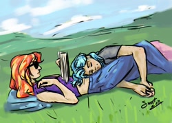 Size: 1280x914 | Tagged: safe, artist:elisdoominika, character:sunset shimmer, oc, oc:sweet elis, species:human, book, canon x oc, grass, humanized, lying down, lying on top of someone, reading, sunglasses