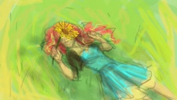 Size: 1280x720 | Tagged: safe, artist:elisdoominika, character:sunset shimmer, species:human, clothing, flower, grass, humanized, lying down, sunflower