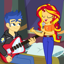 Size: 683x683 | Tagged: safe, artist:mlp-trailgrazer, character:flash sentry, character:sunset shimmer, ship:flashimmer, my little pony:equestria girls, electric guitar, female, guitar, male, microphone, musical instrument, shipping, straight