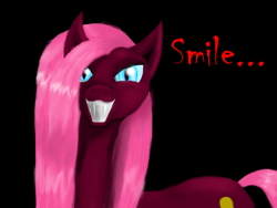 Size: 1600x1200 | Tagged: safe, artist:auroraswirls, character:nightmare pinkie pie, character:pinkamena diane pie, character:pinkie pie, species:earth pony, species:pony, black background, female, grin, mare, nightmarified, simple background, smiling, solo, speech
