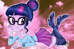 Size: 2048x1365 | Tagged: safe, artist:artmlpk, character:twilight sparkle, character:twilight sparkle (scitwi), species:eqg human, my little pony:equestria girls, bare shoulders, blushing, boots, clothing, crossed legs, cute, design, female, glasses, hair bun, hands on face, high heel boots, looking back, pleated skirt, prone, shoes, skirt, solo, thigh boots, twiabetes