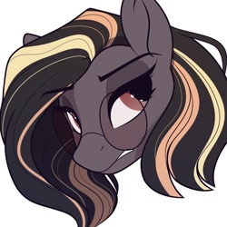 Size: 1050x1050 | Tagged: safe, artist:crimmharmony, oc, oc:g'rae, species:pony, bust, female, frown, grimace, lidded eyes, looking back, mare, simple background, solo, sunglasses, white background, wip