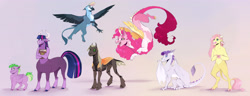 Size: 4500x1730 | Tagged: safe, artist:vindhov, character:applejack, character:fluttershy, character:pinkie pie, character:rainbow dash, character:rarity, character:spike, character:twilight sparkle, species:centaur, species:changeling, species:draconequus, species:dragon, species:griffon, species:minotaur, species:pegasus, species:pony, g4, alternate universe, book, book of harmony, centaur twilight, centaurified, changelingified, colored hooves, colt, draconequified, dragoness, dragonified, ear tag, female, griffonized, male, mane seven, mane six, minotaurified, orange changeling, pinkonequus, ponified, ponified spike, rainbow griffon, raridragon, simple background, species swap, story included