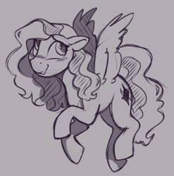 Size: 566x573 | Tagged: safe, artist:crimmharmony, oc, oc:crimm harmony, ponysona, species:pegasus, species:pony, blushing, cute, female, flying, gray background, grayscale, looking up, mare, monochrome, simple background, sketch, solo, spread wings, wings