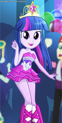 Size: 467x916 | Tagged: safe, artist:charliexe, character:blueberry cake, character:nolan north, character:twilight sparkle, character:twilight sparkle (alicorn), equestria girls:equestria girls, g4, my little pony: equestria girls, my little pony:equestria girls, adorasexy, bare shoulders, beautiful, beautisexy, big crown thingy, blueberry cake, clothing, crown, cute, dancing, digital art, element of magic, fall formal outfits, female, jewelry, legs, nolan north, regalia, sexy, sleeveless, smiling, solo focus, strapless, thighs, tiara, twiabetes, twilight ball dress, unf