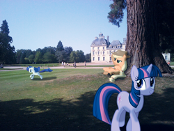 Size: 548x411 | Tagged: safe, artist:bastbrushie, character:applejack, character:rarity, character:twilight sparkle, species:earth pony, species:pony, species:unicorn, castle, château de cheverny, france, garden, irl, photo, ponies in real life