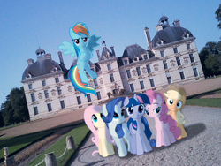 Size: 548x411 | Tagged: safe, artist:bastbrushie, character:applejack, character:fluttershy, character:pinkie pie, character:rainbow dash, character:rarity, character:twilight sparkle, species:earth pony, species:pegasus, species:pony, castle, château de cheverny, france, garden, irl, photo, ponies in real life, pose