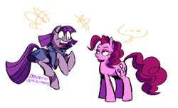 Size: 1780x1080 | Tagged: safe, artist:mushroomcookiebear, character:maud pie, character:pinkie pie, species:earth pony, species:pony, ..., duo, duo female, excited, female, jumping, maudie pie, personality swap, siblings, sisters