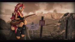 Size: 9600x5400 | Tagged: safe, artist:imafutureguitarhero, character:sunset shimmer, species:anthro, species:pony, species:unguligrade anthro, species:unicorn, 3d, absurd file size, absurd resolution, acoustic guitar, bare shoulders, boots, branches, breasts, briefs, chromatic aberration, cleavage, clothing, cloud, colored eyebrows, colored eyelashes, dead grass, electric fence, female, fence, film grain, fingerless gloves, floppy ears, gloves, grass, guitar, horn, leather, leather boots, leather gloves, long hair, long mane, mare, mountain, multicolored hair, musical instrument, open mouth, outdoors, revamped anthros, revamped ponies, shoes, sign, signature, sitting, solo, source filmmaker, sticks, tank top, text, tree stump, underwear, wall of tags, wallpaper