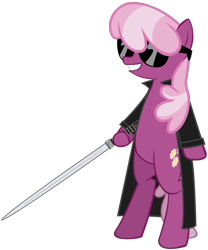 Size: 1100x1324 | Tagged: safe, artist:totallynotabronyfim, character:cheerilee, blade, blade (marvel comics), clothing, crossover, daywalker, fangs, sword, trenchcoat, vampire