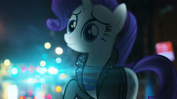Size: 2444x1375 | Tagged: safe, artist:bastbrushie, artist:sebisscout1997, character:rarity, species:pony, species:unicorn, clothing, female, jacket, lens flare, lights, night, rebel, solo