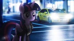 Size: 2444x1375 | Tagged: safe, artist:bastbrushie, artist:sebisscout1997, character:twilight sparkle, character:twilight sparkle (alicorn), species:alicorn, species:pony, car, female, greaser, irl, lens flare, manhattan, mare, new york city, night, photo, ponies in real life, rebel, taxi, vector