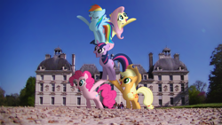 Size: 3840x2160 | Tagged: safe, artist:bastbrushie, character:applejack, character:fluttershy, character:pinkie pie, character:rainbow dash, character:twilight sparkle, species:earth pony, species:pegasus, species:pony, species:unicorn, castle, château de cheverny, france, irl, photo, ponies in real life, pony pile, pony pyramid, tower of pony