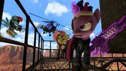Size: 4223x2375 | Tagged: safe, artist:bastbrushie, character:fluttershy, character:rainbow dash, character:twilight sparkle, species:pegasus, species:pony, species:unicorn, 3d, apache, black mesa, half-life, helicopter, source filmmaker, weapon