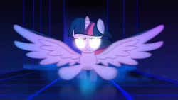 Size: 3840x2160 | Tagged: safe, artist:bastbrushie, edit, character:twilight sparkle, character:twilight sparkle (alicorn), species:alicorn, species:pony, 80s, female, flying, glowing eyes, grid, mare, neon, solo, synthwave, wallpaper, wallpaper edit, wings