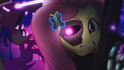 Size: 3840x2160 | Tagged: safe, artist:bastbrushie, artist:vbastv, character:fluttershy, character:spike, species:dragon, species:human, my little pony:equestria girls, 80s, bionic eye, butterfly, far cry, far cry blood dragon, gun, handgun, neon, outrun, pistol, synthwave, weapon