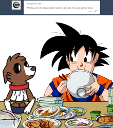 Size: 800x908 | Tagged: safe, artist:askwinonadog, character:winona, species:dog, ask, ask winona, chopsticks, crossover, dragon ball z, eating, food, goku, simple background, tumblr, white background